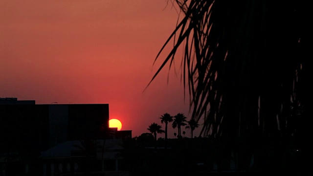 从建筑物后面窥视出来的夕阳。视频素材