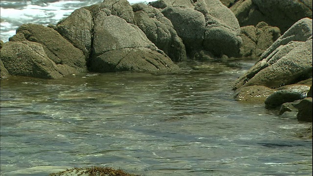 干净的水流入日本平井市岩石海岸的一个潮池。视频素材