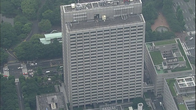 阴霾笼罩着东京的厚生劳动省(Ministry of Health, Labor and Welfare)、联合政府大楼(Joint Government Building)和日比谷公园(Hibiya Park)。视频素材