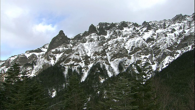 日本长野县一菅武山的偕达武山、赤崎山和横田山被积雪覆盖。视频素材