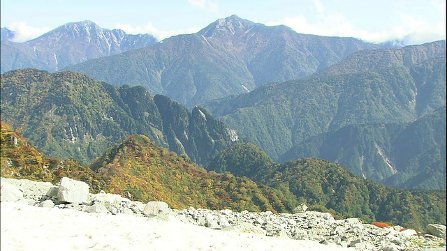 多岩石的山峰支配着tatateyama山脉附近的一片积雪。视频素材