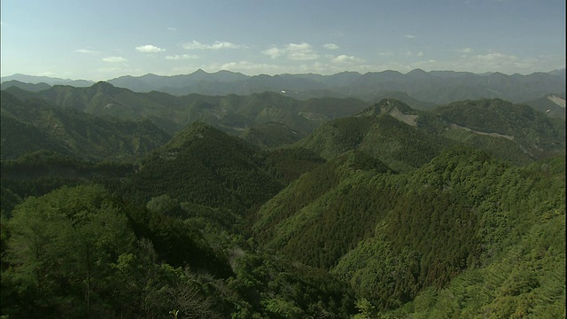 一片茂密的森林覆盖着日本和歌山熊野和堂的Kii山脉。视频素材