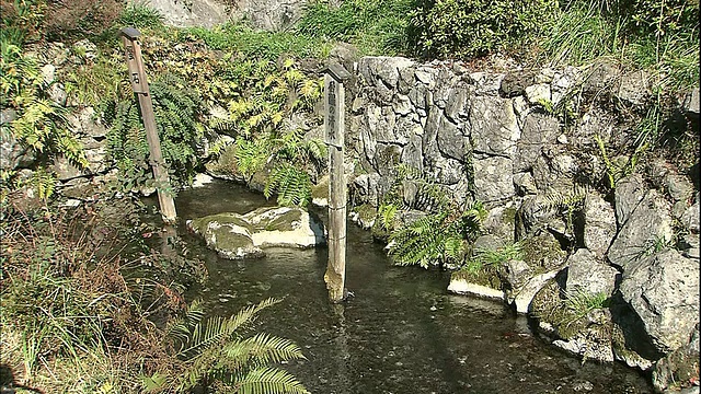 伊豆泉沿着日本迈原的一堵石墙流淌。视频素材