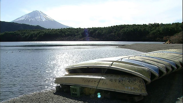 日本山梨富士箱根伊豆国家公园里，斋子湖沿着一排空船延伸。视频素材