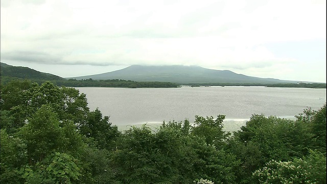 在日本北海道，一片云雾笼罩在多山的森林和湖泊之上。视频素材