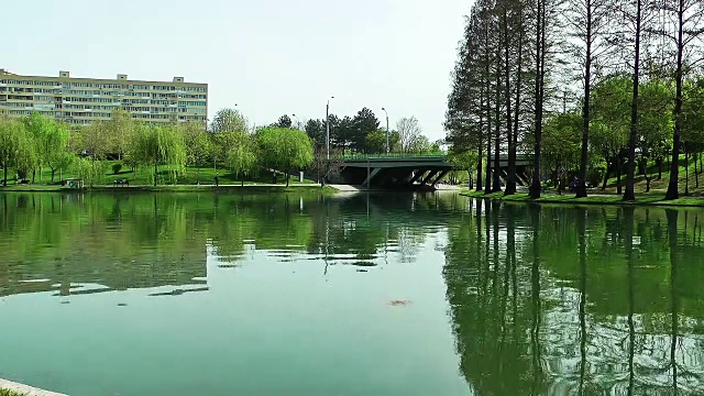 城市中的泰坦湖，背景中的建筑物，布加勒斯特视频素材