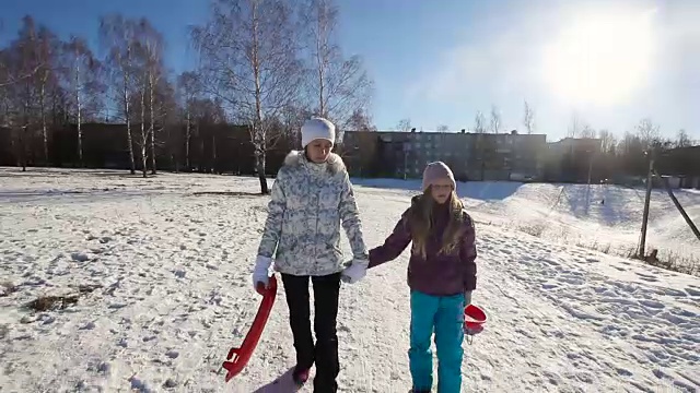 女孩们拉着雪橇在公园里散步视频素材