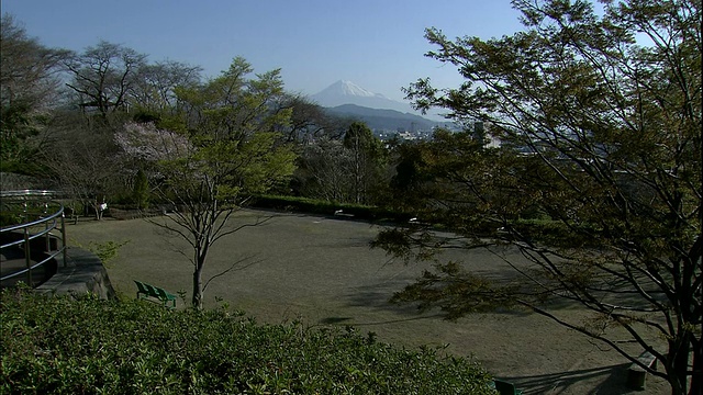 山顶上的城市公园勾勒出白雪皑皑的富士山。视频素材