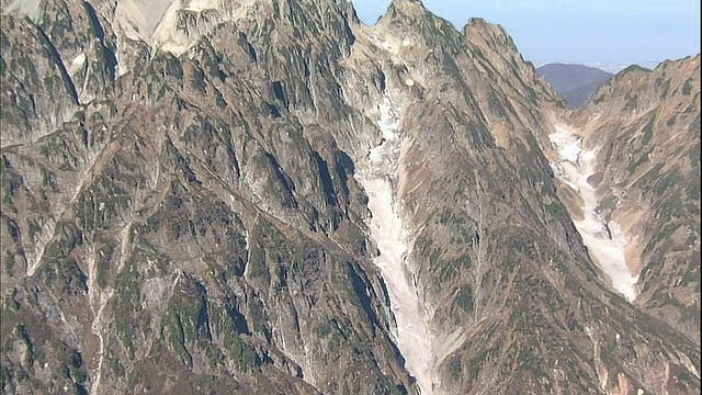 日本鹤木山的三诺马朵和Komado常年积雪覆盖着崎岖的山坡。视频素材