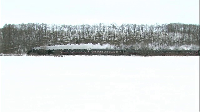 一辆蒸汽机车在北海道的雪地上行驶视频素材