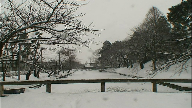 冬天，雪花飘落在护城河、桥梁和光秃秃的树木上。视频素材