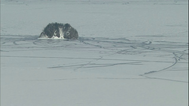 日本北海道马淑湖上的龟龟舒岛被冰包围。视频素材