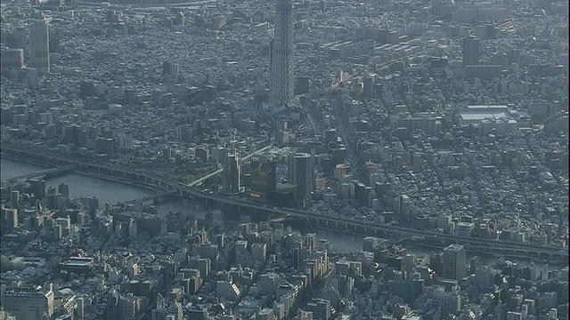 东京天空树观景台的屋顶和邻近的建筑物上可以看到雪。视频素材