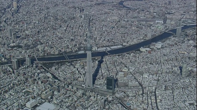 住田河附近的东京市中心被白雪覆盖，天空之树高塔耸立在上面。视频素材