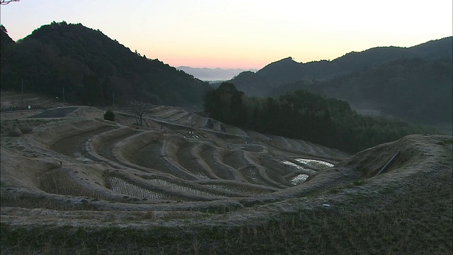 日本大山环绕着青山梯田。视频素材