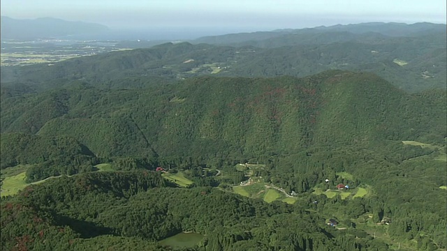 茂密的原始森林覆盖着日本佐渡岛的山脉。视频素材