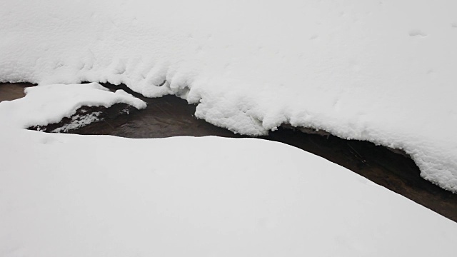 冬天森林里的小溪穿过蓬松的雪堆。下雪了。树上覆盖着雪帽。视频下载