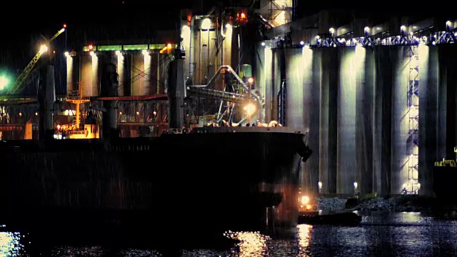 雨夜油船经过炼油厂视频素材