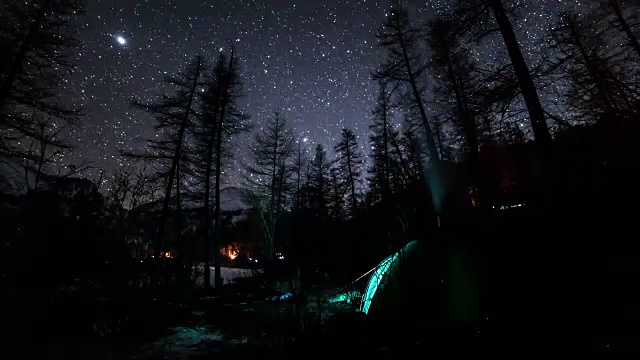 露营夜空在森林里的时间流逝。视频下载