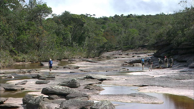 在圭亚那高地Auyantepui上沿着河流徒步旅行视频素材