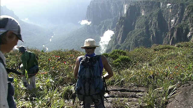 沿着圭亚那高地Auyantepui顶部的河流徒步旅行视频素材