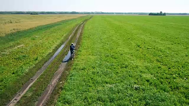 图片:一个年轻人骑着自行车穿过绿色和黄色的田野视频下载