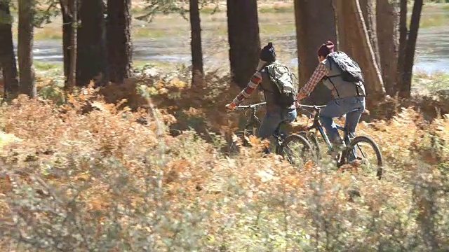 一对夫妇在森林里骑山地车时交谈，紧张视频素材