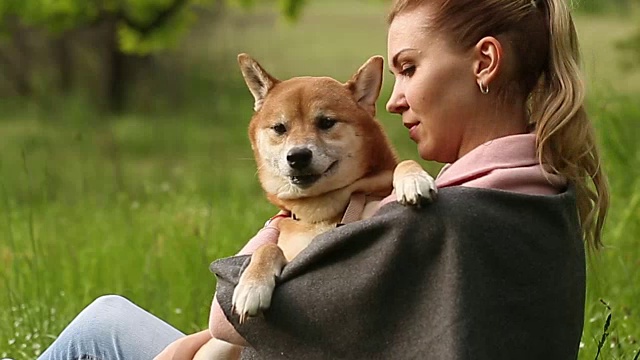 女孩手牵狗狗柴犬视频素材