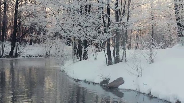 冬天的风景。冬天的河水和河岸都被雪覆盖了视频素材