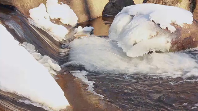 冬天的水。水在冬天流动。冬天的小瀑布。雪在石头上视频素材