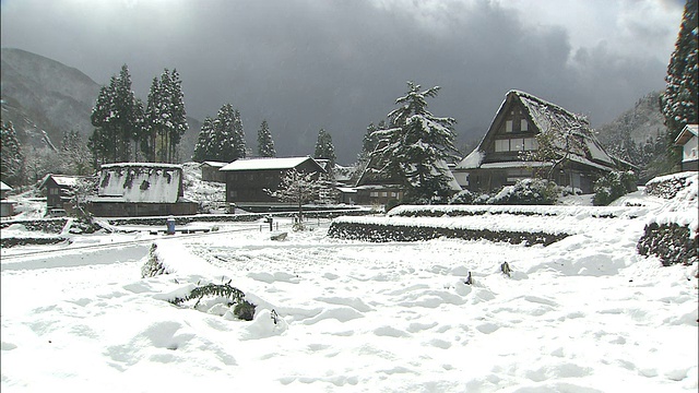 在日本的一个村庄，一层雪覆盖了地面和gassho zukuri房屋的屋顶。视频素材