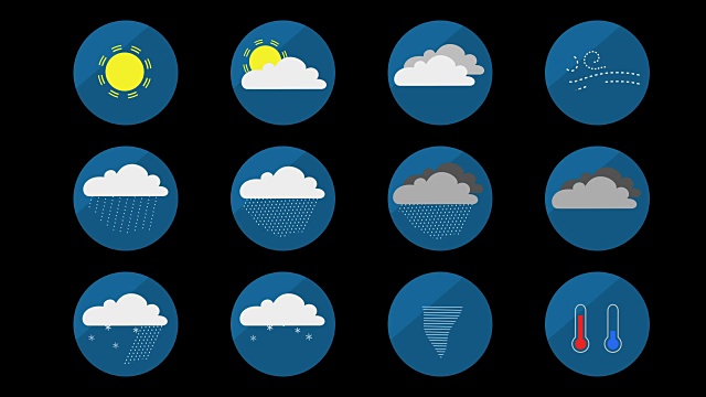 天气动画的一组图标或符号。环阿尔法哑光。平面设计。视频素材