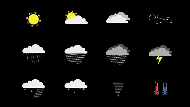 天气动画的一组图标或符号。环阿尔法哑光。平面设计。更多选项在我的资料。视频素材