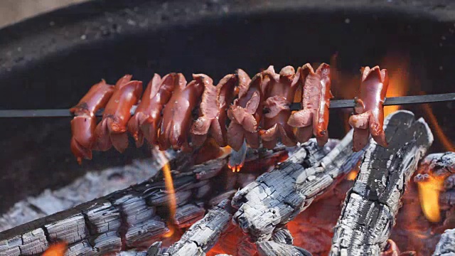 篝火和香肠。在营火上烤肉。余烬上的香肠。法兰克福香肠放在热炭上，在炭架上烹饪。视频下载