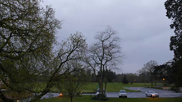 在英国，移动的乌云、树木和雨公园的时间流逝。视频下载