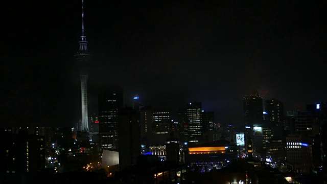 在一个暴风雨的夜晚，平移运动奥克兰城市的天际线视频素材