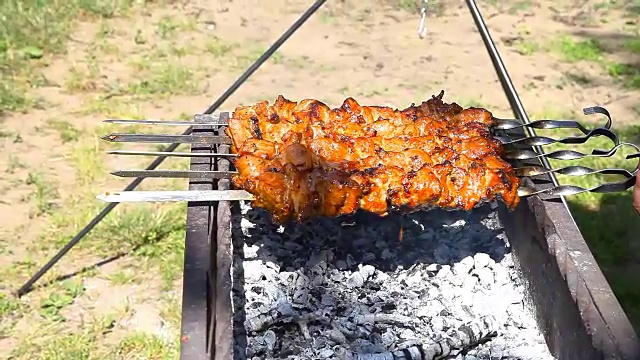 烤肉串在烤架上冒烟视频素材