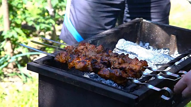 烤肉串在烤架上冒烟视频素材