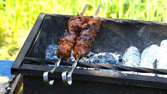 烤肉串在烤架上冒烟视频素材