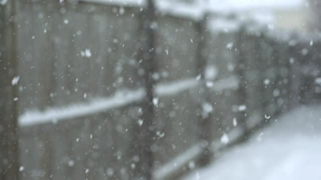 大雪落在旧的棕色篱笆上视频素材