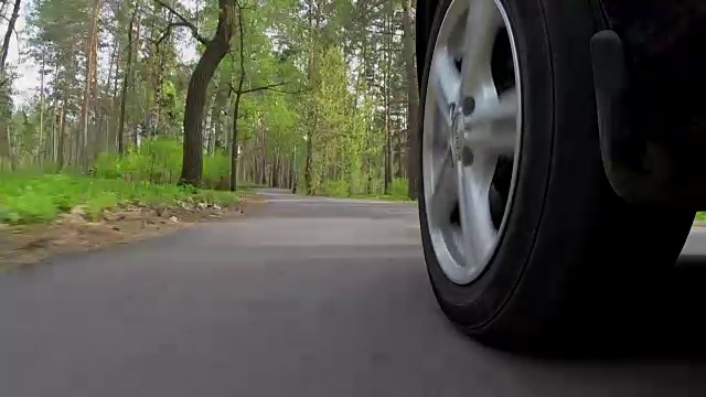 汽车的轮子在森林的道路上行驶视频素材