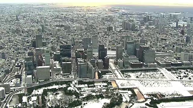 空中，东京天际线被雪覆盖视频素材