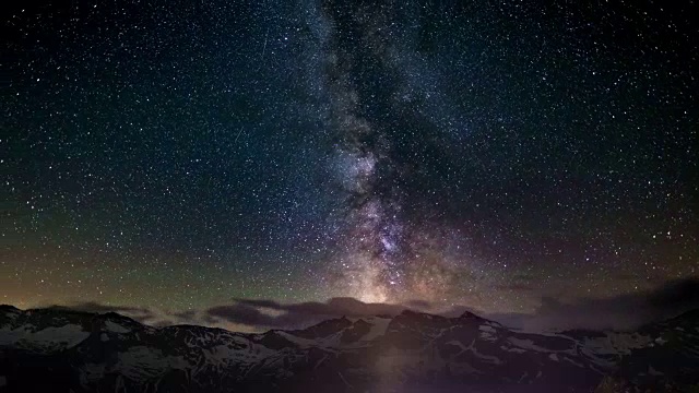 这是在意大利阿尔卑斯山的高海拔地区拍摄到的明亮的银河和白雪皑皑的山脊外的星空的明显旋转。时间流逝的视频。视频素材