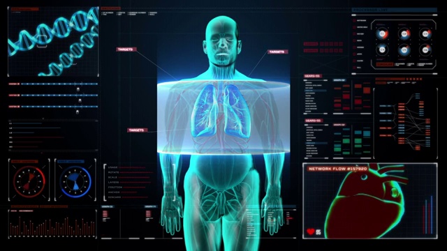 扫描人体肺部，在数字显示仪表板肺诊断。视频素材