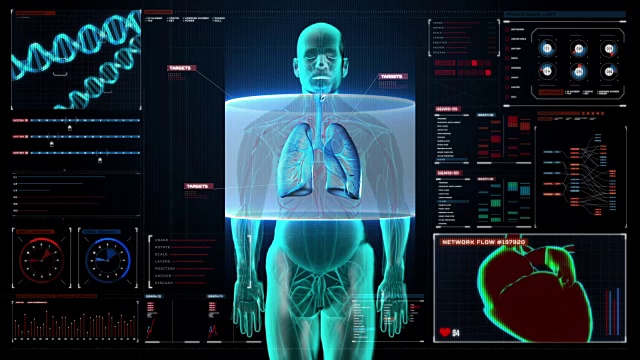 扫描前的身体。人体肺，肺在数字显示仪表盘。视频素材