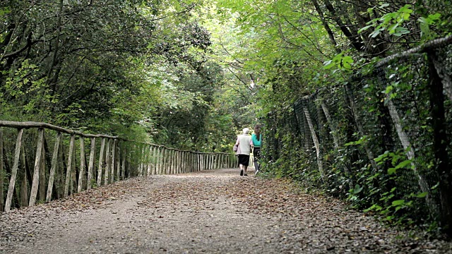 老奶奶和她的小孙女在公园里散步视频素材