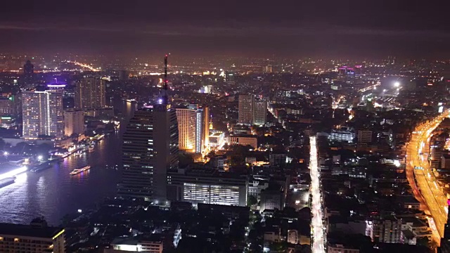 泰国夜光曼谷河湾城市景观屋顶全景4k时间流逝视频素材