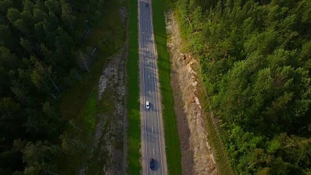 汽车在森林道路上行驶的鸟瞰图视频素材