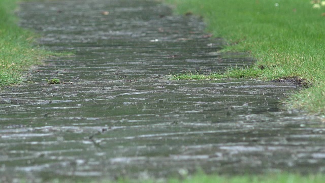 大雨水滴落在花园石路上，在雨天溅起水花。FullHD视频素材