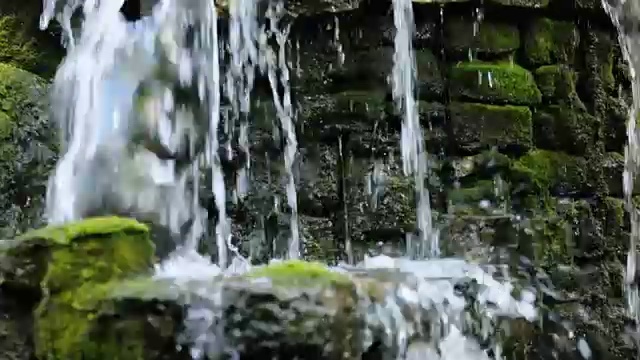 森林中的小瀑布，苔藓覆盖的岩石视频素材